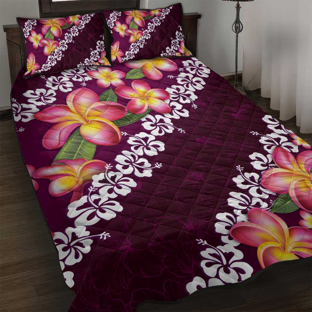 Pink Polynesia Quilt Bed Set Plumeria With Hibiscus Pattern Tropical Vibes