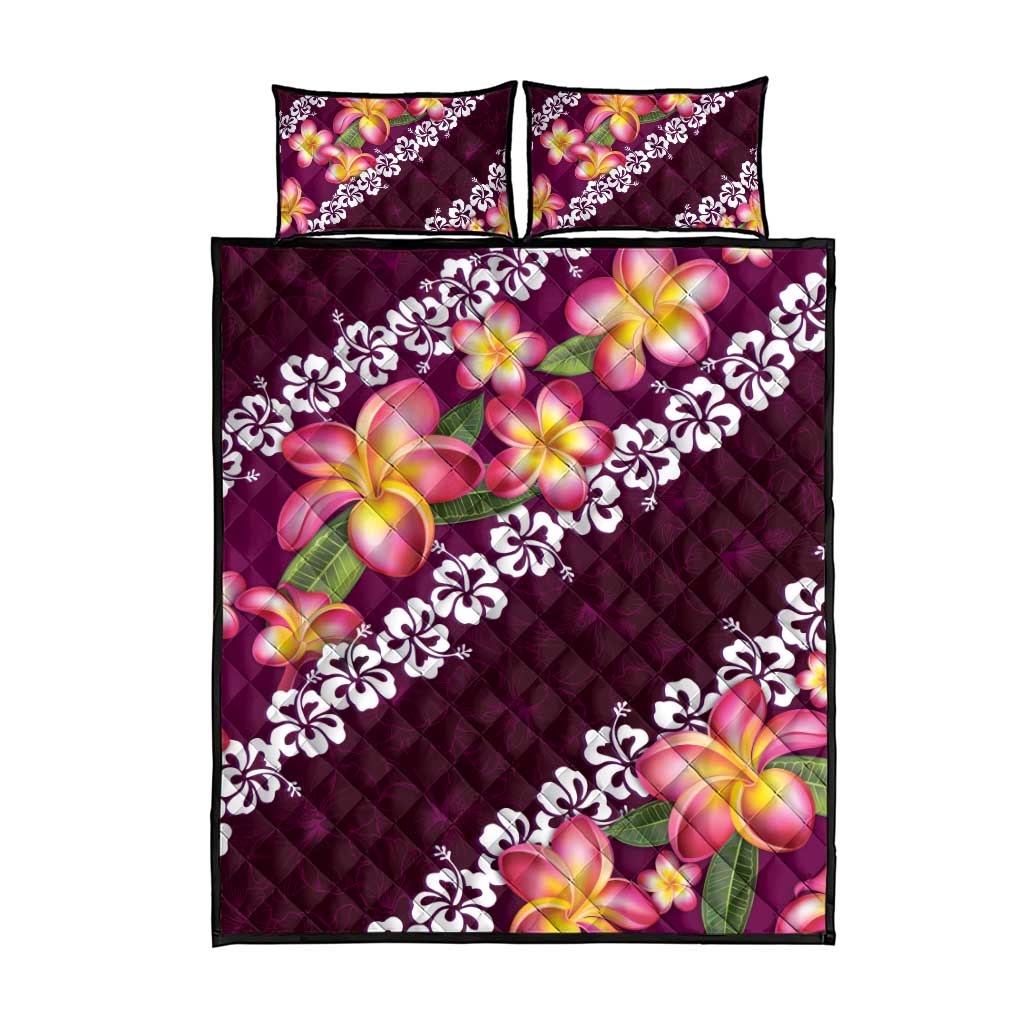 Pink Polynesia Quilt Bed Set Plumeria With Hibiscus Pattern Tropical Vibes