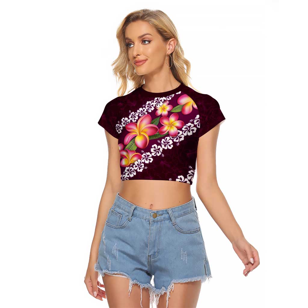 Pink Polynesia Raglan Cropped T Shirt Plumeria With Hibiscus Pattern Tropical Vibes LT14 Female Pink - Polynesian Pride