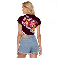 Pink Polynesia Raglan Cropped T Shirt Plumeria With Hibiscus Pattern Tropical Vibes LT14 - Polynesian Pride