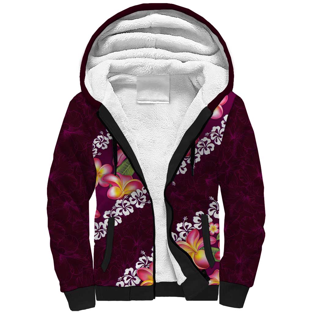 Pink Polynesia Sherpa Hoodie Plumeria With Hibiscus Pattern Tropical Vibes