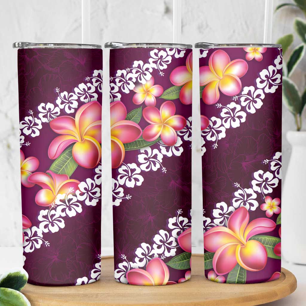 Pink Polynesia Skinny Tumbler Plumeria With Hibiscus Pattern Tropical Vibes