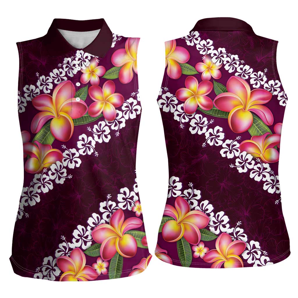Pink Polynesia Women Sleeveless Polo Shirt Plumeria With Hibiscus Pattern Tropical Vibes LT14 - Polynesian Pride