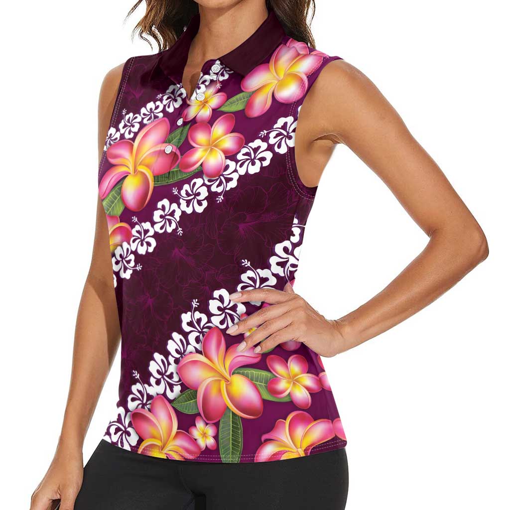 Pink Polynesia Women Sleeveless Polo Shirt Plumeria With Hibiscus Pattern Tropical Vibes LT14 - Polynesian Pride