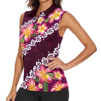 Pink Polynesia Women Sleeveless Polo Shirt Plumeria With Hibiscus Pattern Tropical Vibes LT14 - Polynesian Pride