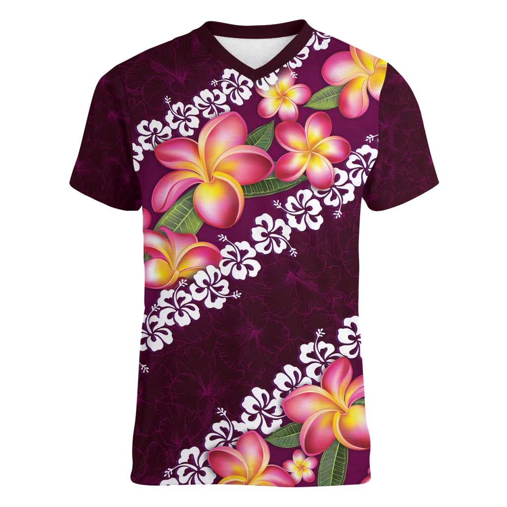 Pink Polynesia Women V-Neck T-Shirt Plumeria With Hibiscus Pattern Tropical Vibes LT14 Female Pink - Polynesian Pride