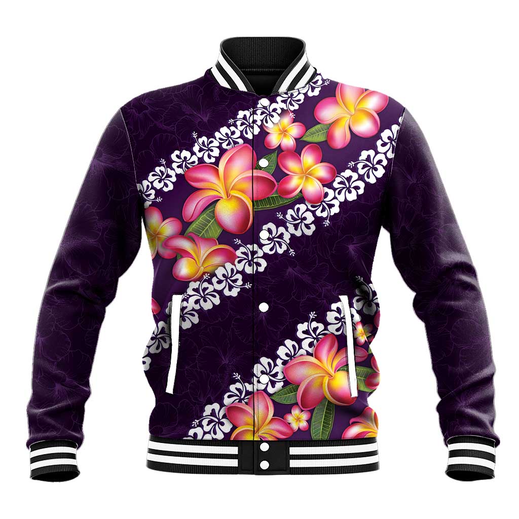 Purple Polynesia Baseball Jacket Plumeria With Hibiscus Pattern Tropical Vibes LT14 Unisex Purple - Polynesian Pride