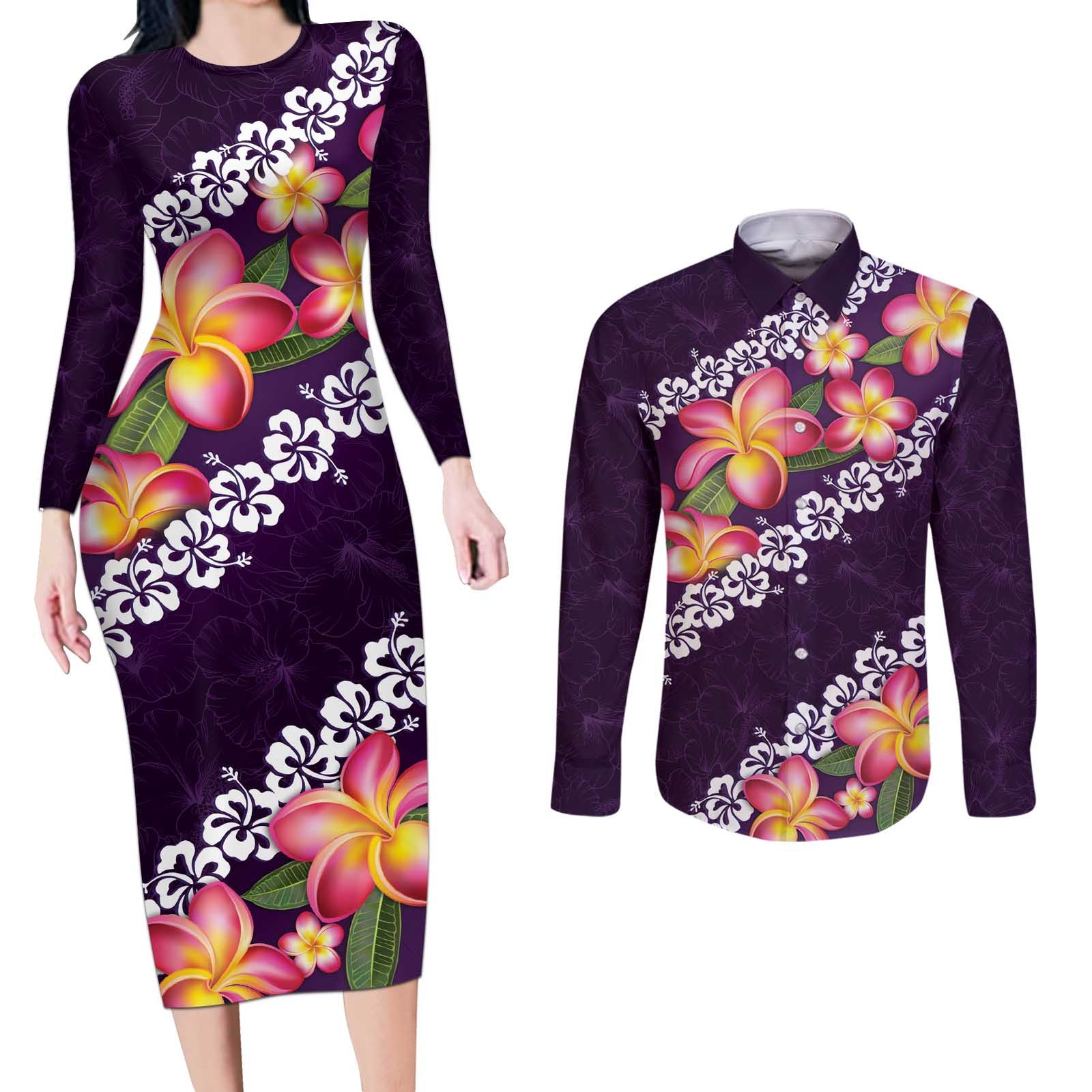 Purple Polynesia Couples Matching Long Sleeve Bodycon Dress and Long Sleeve Button Shirt Plumeria With Hibiscus Pattern Tropical Vibes LT14 Purple - Polynesian Pride