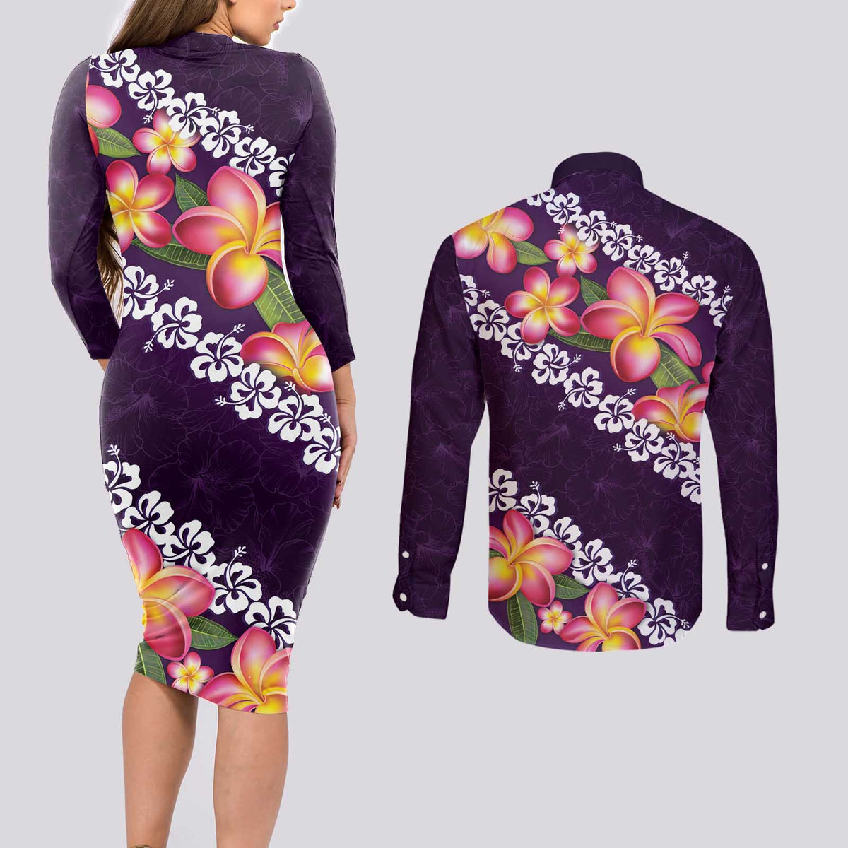 Purple Polynesia Couples Matching Long Sleeve Bodycon Dress and Long Sleeve Button Shirt Plumeria With Hibiscus Pattern Tropical Vibes LT14 - Polynesian Pride