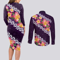 Purple Polynesia Couples Matching Long Sleeve Bodycon Dress and Long Sleeve Button Shirt Plumeria With Hibiscus Pattern Tropical Vibes LT14 - Polynesian Pride