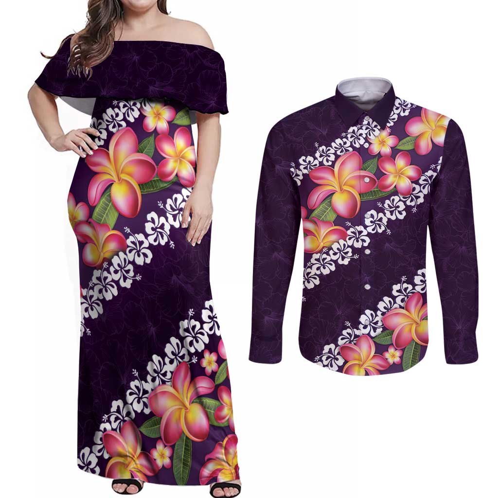 Purple Polynesia Couples Matching Off Shoulder Maxi Dress and Long Sleeve Button Shirt Plumeria With Hibiscus Pattern Tropical Vibes LT14 Purple - Polynesian Pride