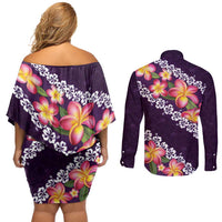 Purple Polynesia Couples Matching Off Shoulder Short Dress and Long Sleeve Button Shirt Plumeria With Hibiscus Pattern Tropical Vibes