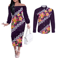 Purple Polynesia Couples Matching Off The Shoulder Long Sleeve Dress and Long Sleeve Button Shirt Plumeria With Hibiscus Pattern Tropical Vibes LT14 Purple - Polynesian Pride