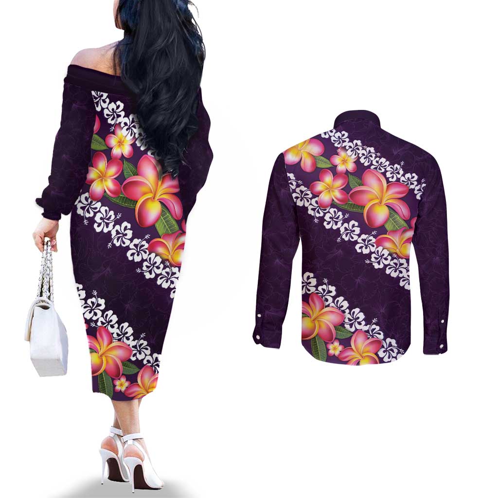 Purple Polynesia Couples Matching Off The Shoulder Long Sleeve Dress and Long Sleeve Button Shirt Plumeria With Hibiscus Pattern Tropical Vibes LT14 - Polynesian Pride