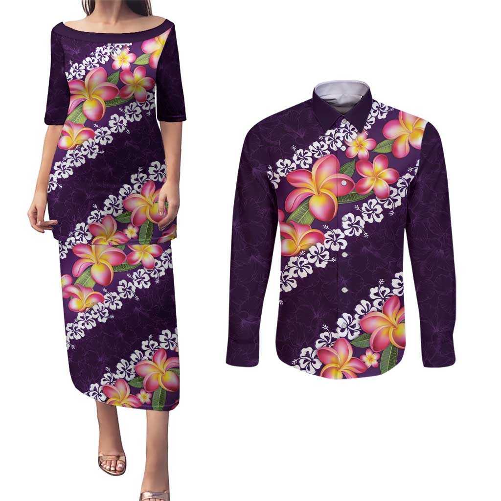 Purple Polynesia Couples Matching Puletasi and Long Sleeve Button Shirt Plumeria With Hibiscus Pattern Tropical Vibes LT14 Purple - Polynesian Pride