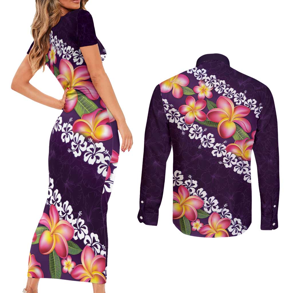 Purple Polynesia Couples Matching Short Sleeve Bodycon Dress and Long Sleeve Button Shirt Plumeria With Hibiscus Pattern Tropical Vibes LT14 - Polynesian Pride