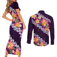 Purple Polynesia Couples Matching Short Sleeve Bodycon Dress and Long Sleeve Button Shirt Plumeria With Hibiscus Pattern Tropical Vibes LT14 - Polynesian Pride
