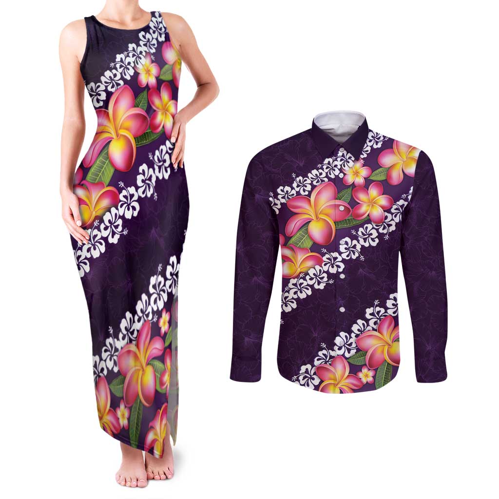 Purple Polynesia Couples Matching Tank Maxi Dress and Long Sleeve Button Shirt Plumeria With Hibiscus Pattern Tropical Vibes