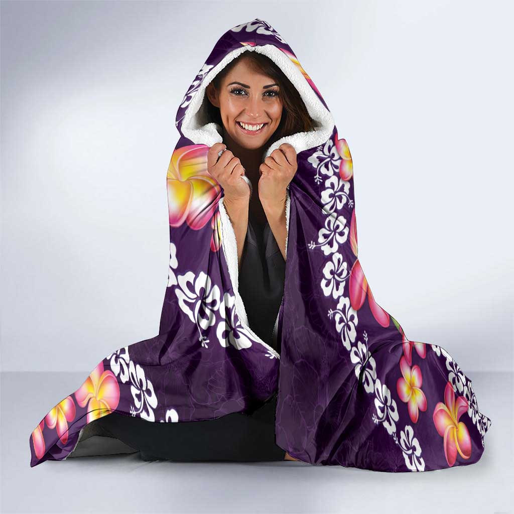 Purple Polynesia Hooded Blanket Plumeria With Hibiscus Pattern Tropical Vibes