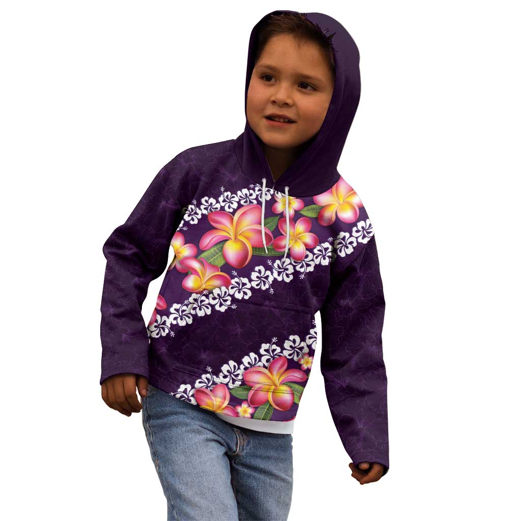 Purple Polynesia Kid Hoodie Plumeria With Hibiscus Pattern Tropical Vibes