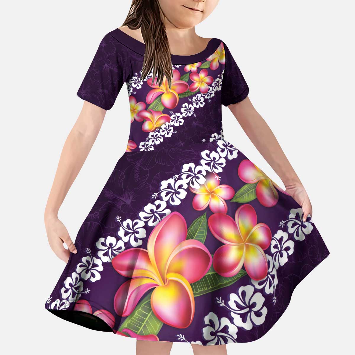 Purple Polynesia Kid Short Sleeve Dress Plumeria With Hibiscus Pattern Tropical Vibes LT14 KID Purple - Polynesian Pride