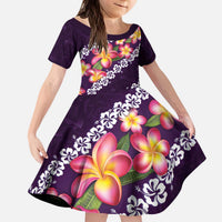 Purple Polynesia Kid Short Sleeve Dress Plumeria With Hibiscus Pattern Tropical Vibes