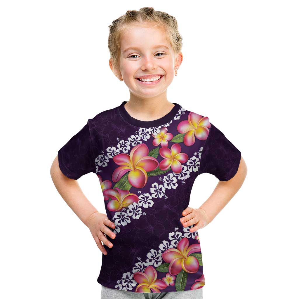 Purple Polynesia Kid T Shirt Plumeria With Hibiscus Pattern Tropical Vibes LT14 Purple - Polynesian Pride