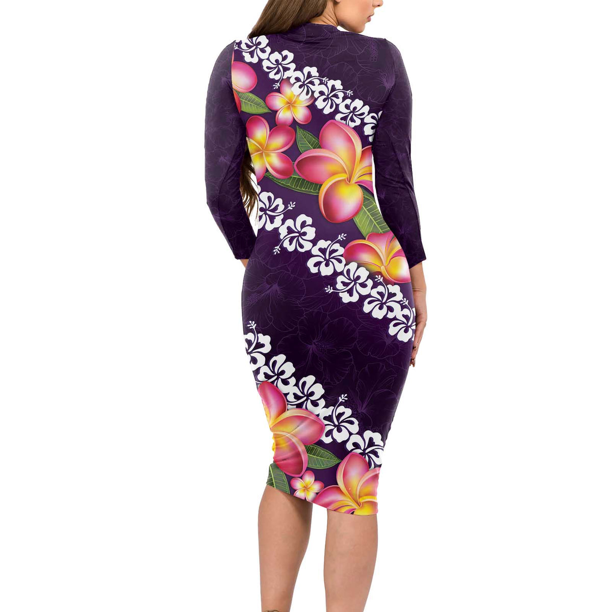 Purple Polynesia Long Sleeve Bodycon Dress Plumeria With Hibiscus Pattern Tropical Vibes