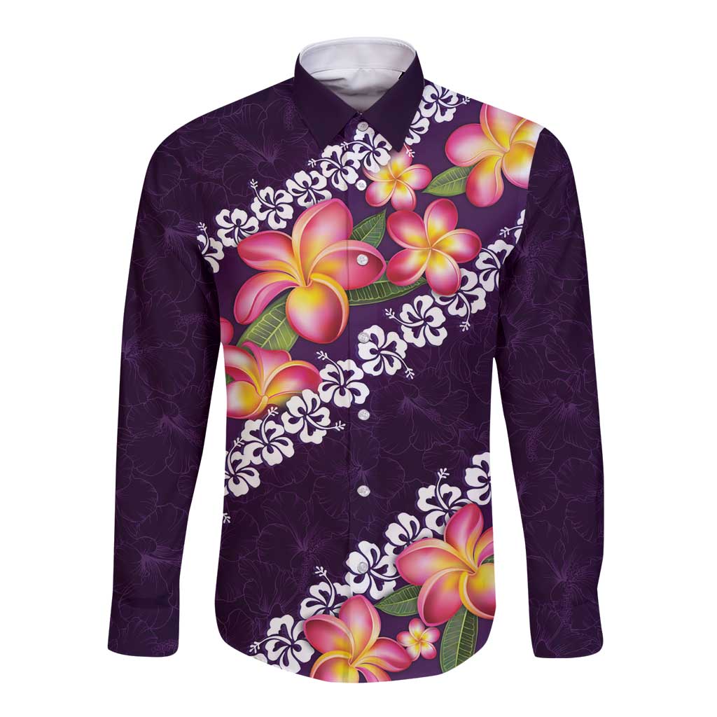 Purple Polynesia Long Sleeve Button Shirt Plumeria With Hibiscus Pattern Tropical Vibes LT14 Unisex Purple - Polynesian Pride