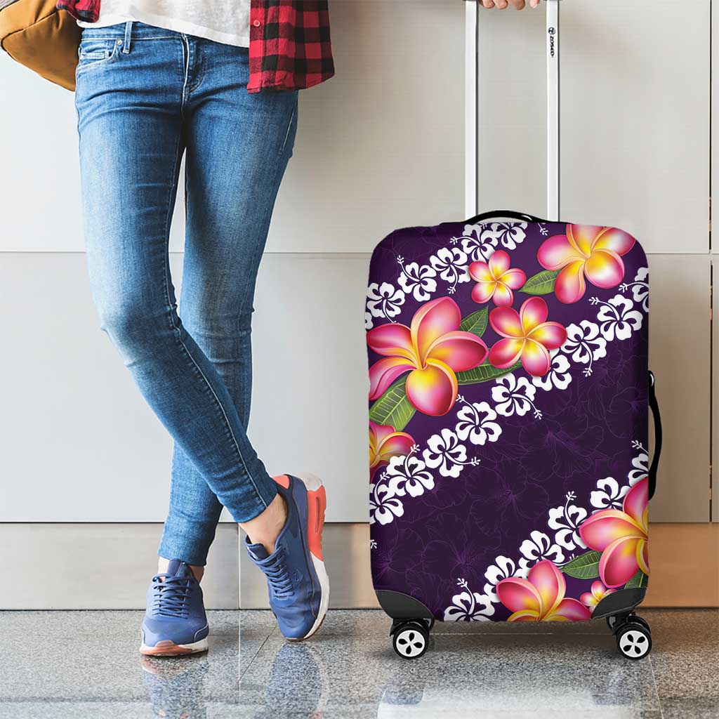 Purple Polynesia Luggage Cover Plumeria With Hibiscus Pattern Tropical Vibes