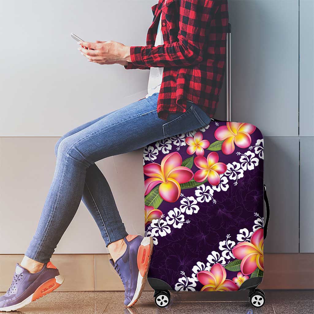 Purple Polynesia Luggage Cover Plumeria With Hibiscus Pattern Tropical Vibes