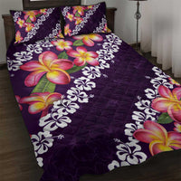 Purple Polynesia Quilt Bed Set Plumeria With Hibiscus Pattern Tropical Vibes