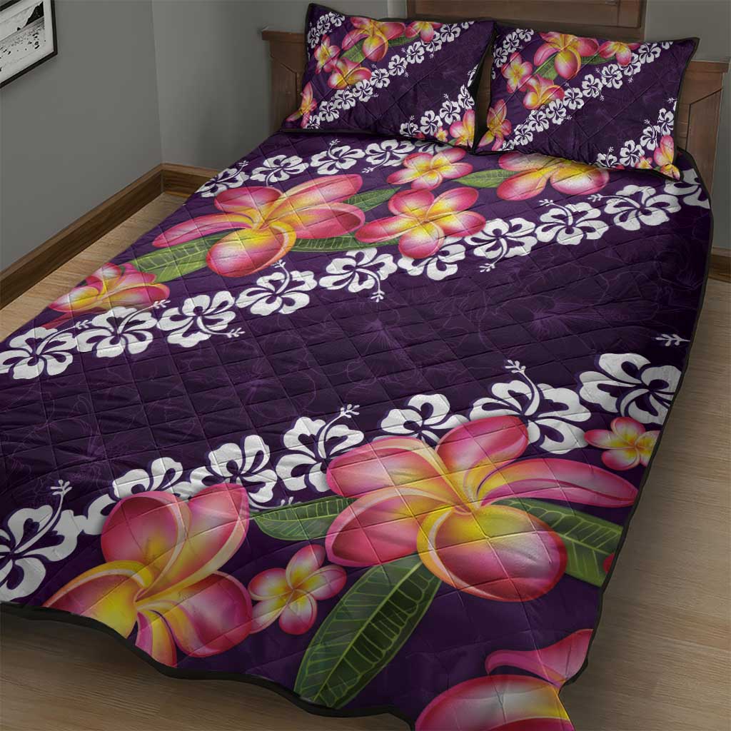 Purple Polynesia Quilt Bed Set Plumeria With Hibiscus Pattern Tropical Vibes