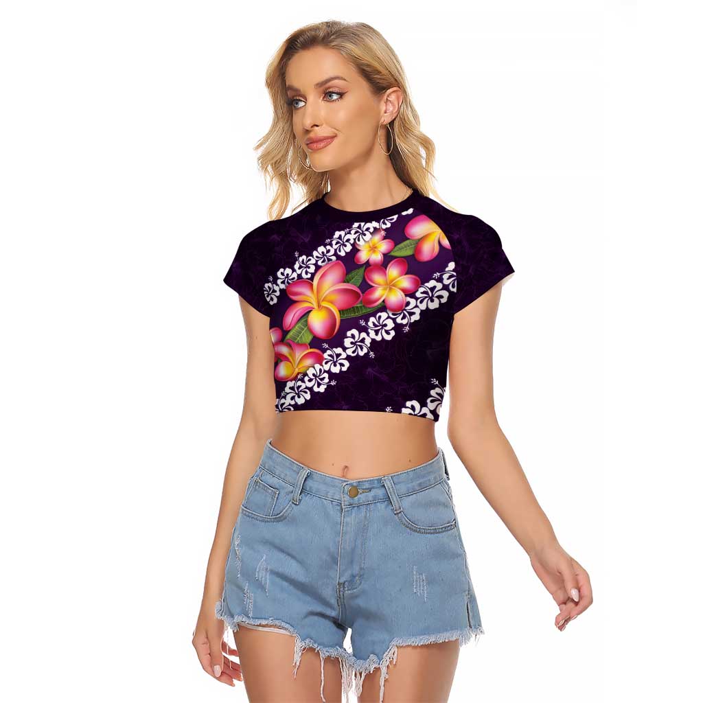 Purple Polynesia Raglan Cropped T Shirt Plumeria With Hibiscus Pattern Tropical Vibes LT14 Female Purple - Polynesian Pride