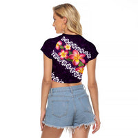 Purple Polynesia Raglan Cropped T Shirt Plumeria With Hibiscus Pattern Tropical Vibes LT14 - Polynesian Pride