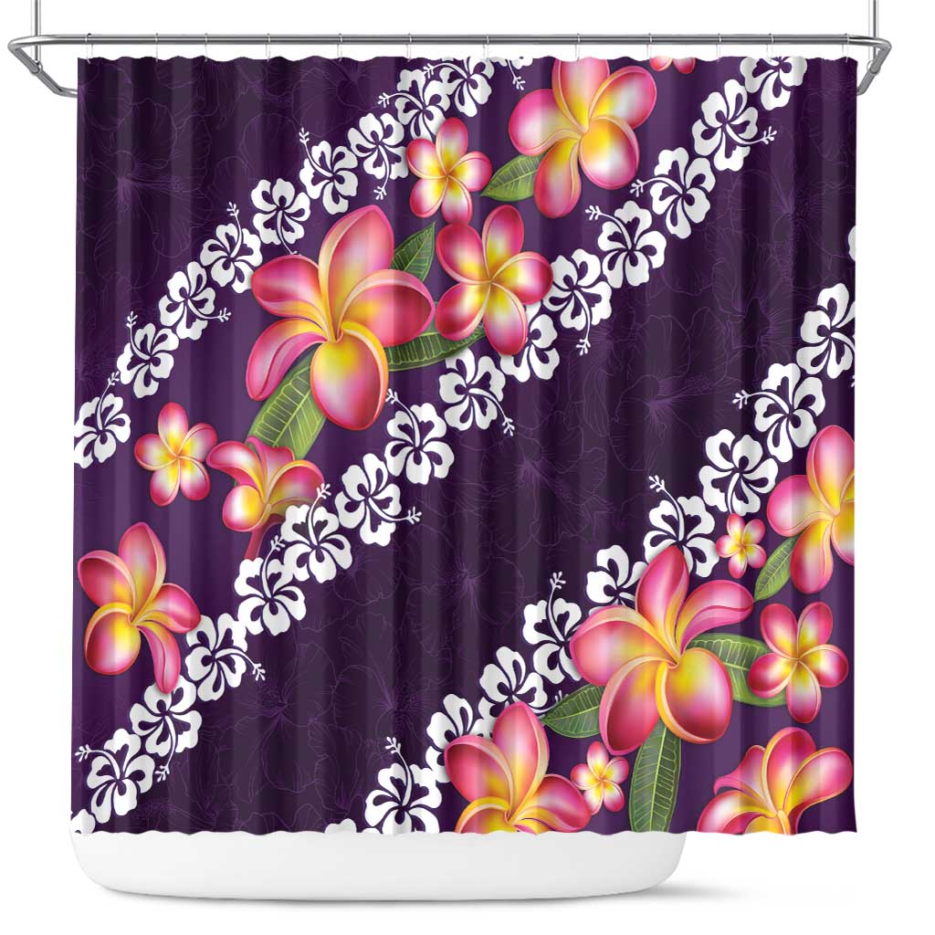 Purple Polynesia Shower Curtain Plumeria With Hibiscus Pattern Tropical Vibes