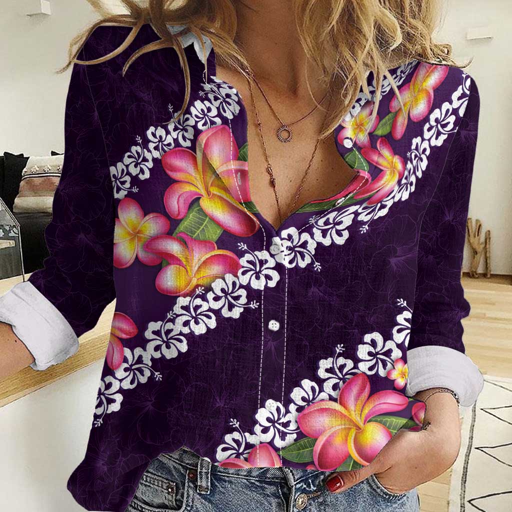 Purple Polynesia Women Casual Shirt Plumeria With Hibiscus Pattern Tropical Vibes LT14 Female Purple - Polynesian Pride