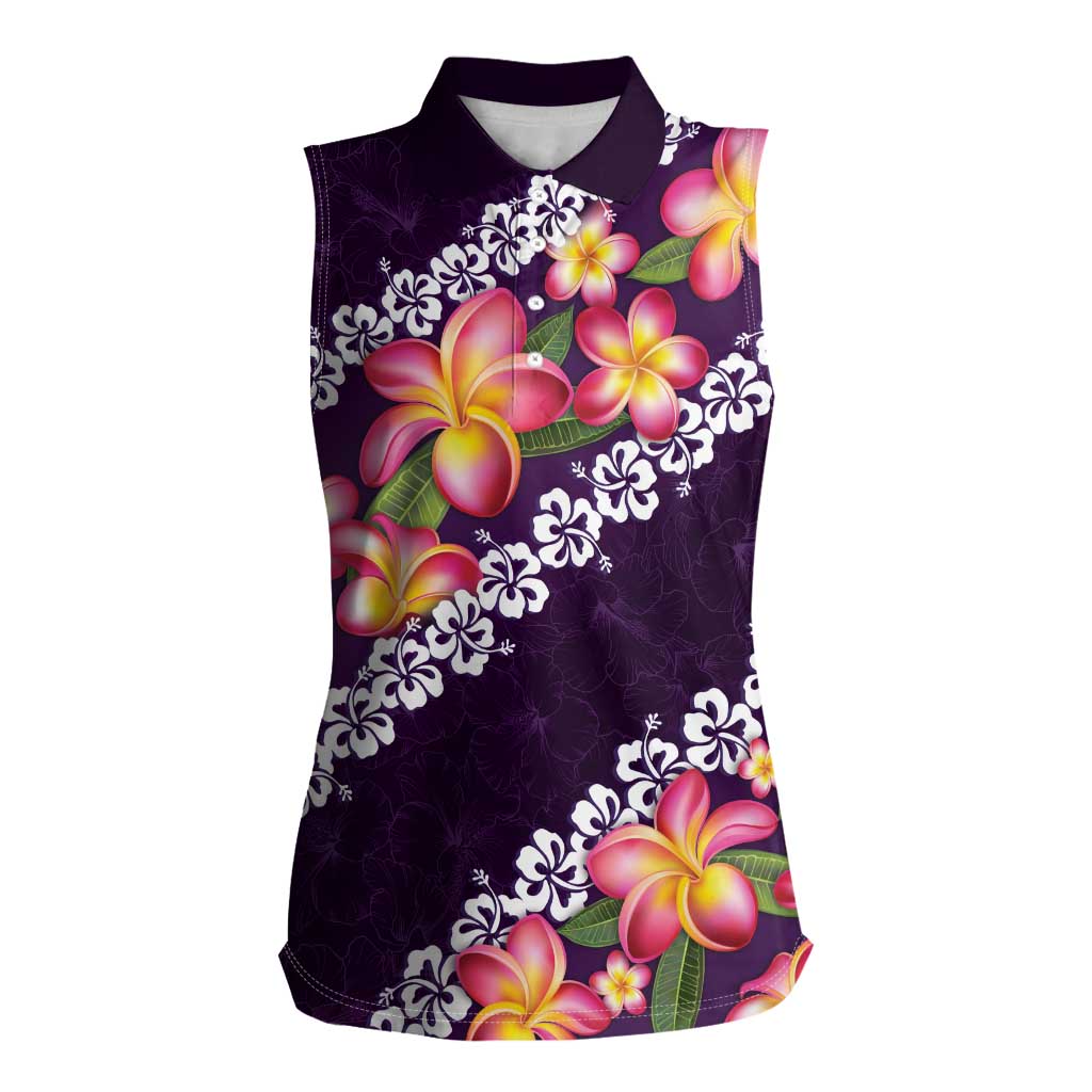 Purple Polynesia Women Sleeveless Polo Shirt Plumeria With Hibiscus Pattern Tropical Vibes LT14 Female Purple - Polynesian Pride
