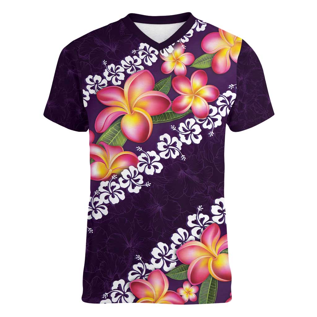 Purple Polynesia Women V-Neck T-Shirt Plumeria With Hibiscus Pattern Tropical Vibes LT14 Female Purple - Polynesian Pride
