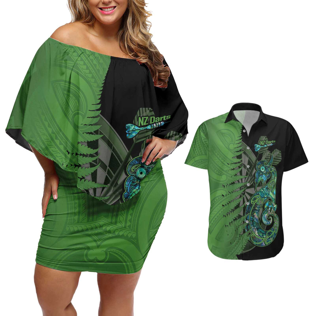 Personalised New Zealand Darts Couples Matching Off Shoulder Short Dress and Hawaiian Shirt Aotearoa Maori Fern Mix Manaia Tattoo LT14 Green - Polynesian Pride