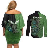 Personalised New Zealand Darts Couples Matching Off Shoulder Short Dress and Long Sleeve Button Shirt Aotearoa Maori Fern Mix Manaia Tattoo LT14 - Polynesian Pride