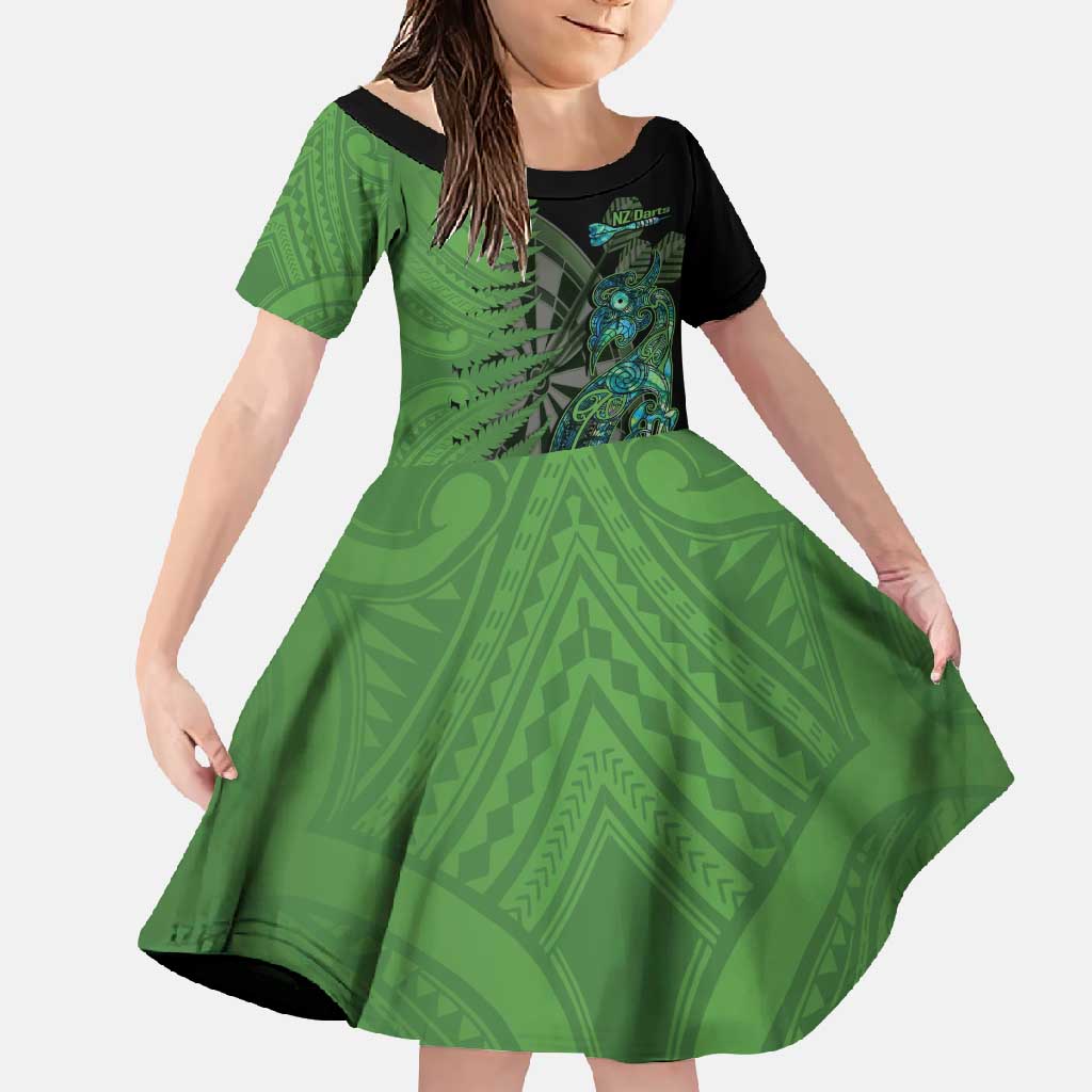 Personalised New Zealand Darts Family Matching Mermaid Dress and Hawaiian Shirt Aotearoa Maori Fern Mix Manaia Tattoo LT14 Daughter's Dress Green - Polynesian Pride