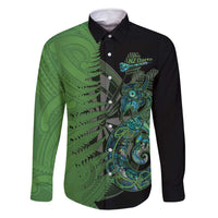 Personalised New Zealand Darts Family Matching Off Shoulder Maxi Dress and Hawaiian Shirt Aotearoa Maori Fern Mix Manaia Tattoo LT14 Dad's Shirt - Long Sleeve Green - Polynesian Pride