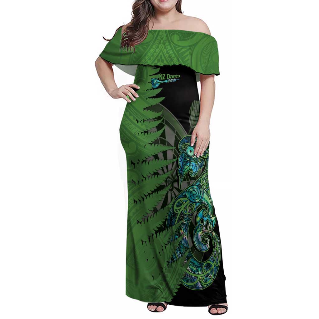 Personalised New Zealand Darts Family Matching Off Shoulder Maxi Dress and Hawaiian Shirt Aotearoa Maori Fern Mix Manaia Tattoo LT14 Mom's Dress Green - Polynesian Pride