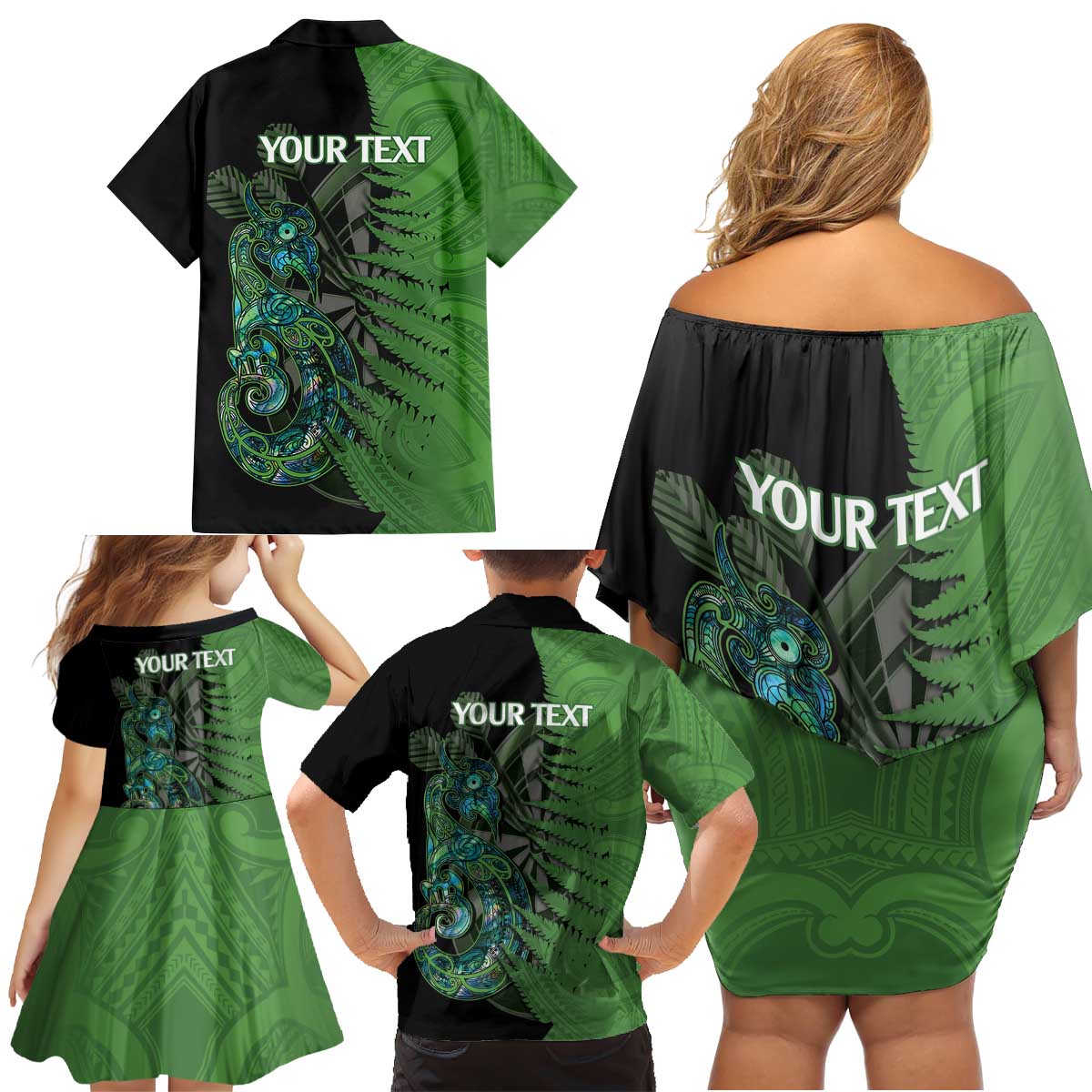 Personalised New Zealand Darts Family Matching Off Shoulder Short Dress and Hawaiian Shirt Aotearoa Maori Fern Mix Manaia Tattoo LT14 - Polynesian Pride