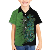 Personalised New Zealand Darts Family Matching Off Shoulder Short Dress and Hawaiian Shirt Aotearoa Maori Fern Mix Manaia Tattoo LT14 Son's Shirt Green - Polynesian Pride