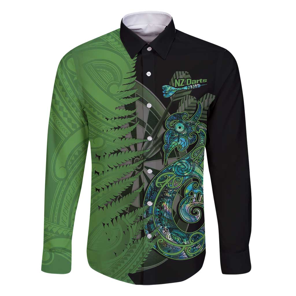 Personalised New Zealand Darts Family Matching Tank Maxi Dress and Hawaiian Shirt Aotearoa Maori Fern Mix Manaia Tattoo LT14 Dad's Shirt - Long Sleeve Green - Polynesian Pride
