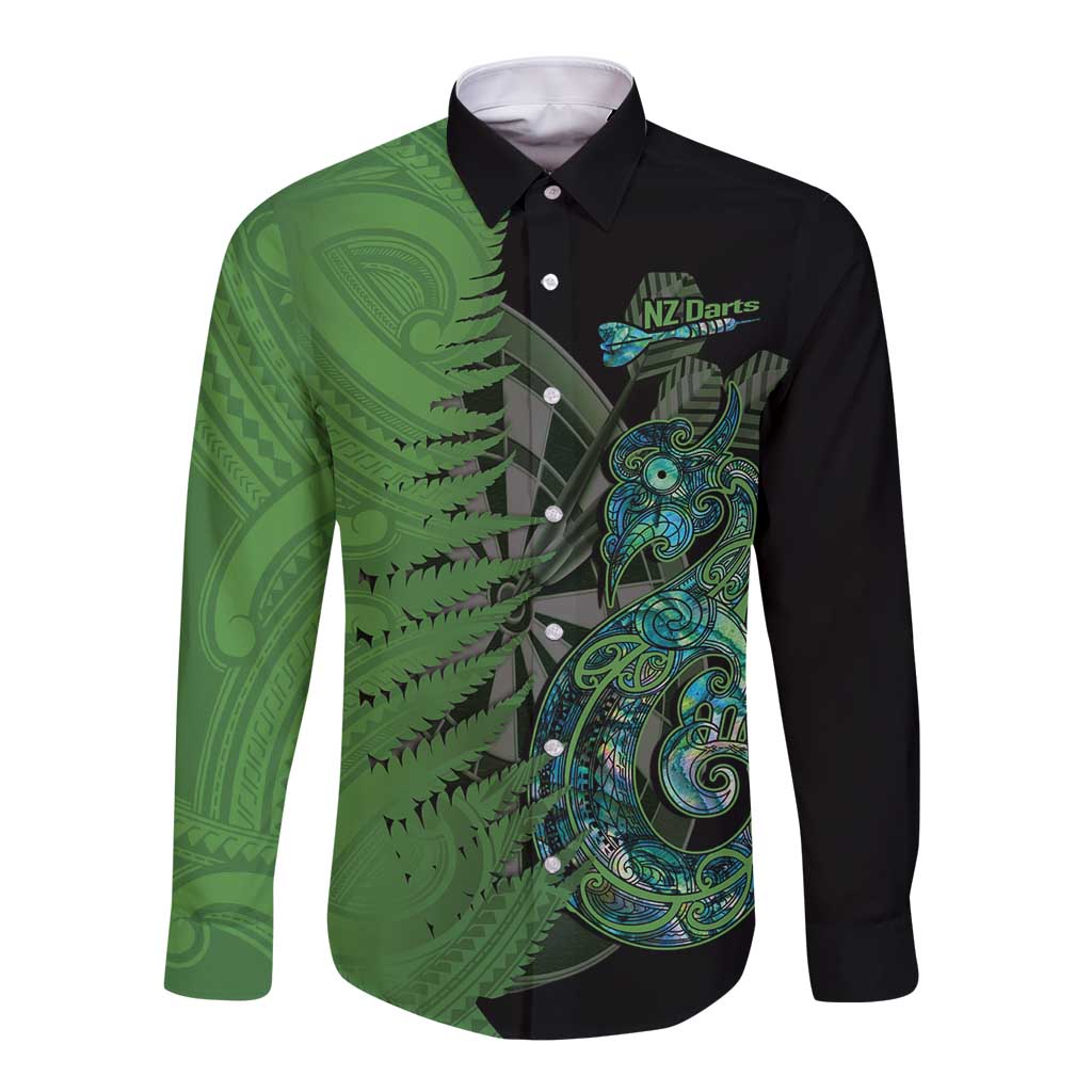 Personalised New Zealand Darts Long Sleeve Button Shirt Aotearoa Maori Fern Mix Manaia Tattoo LT14 Unisex Green - Polynesian Pride