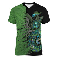 Personalised New Zealand Darts Women V-Neck T-Shirt Aotearoa Maori Fern Mix Manaia Tattoo LT14 Female Green - Polynesian Pride