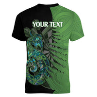 Personalised New Zealand Darts Women V-Neck T-Shirt Aotearoa Maori Fern Mix Manaia Tattoo LT14 - Polynesian Pride